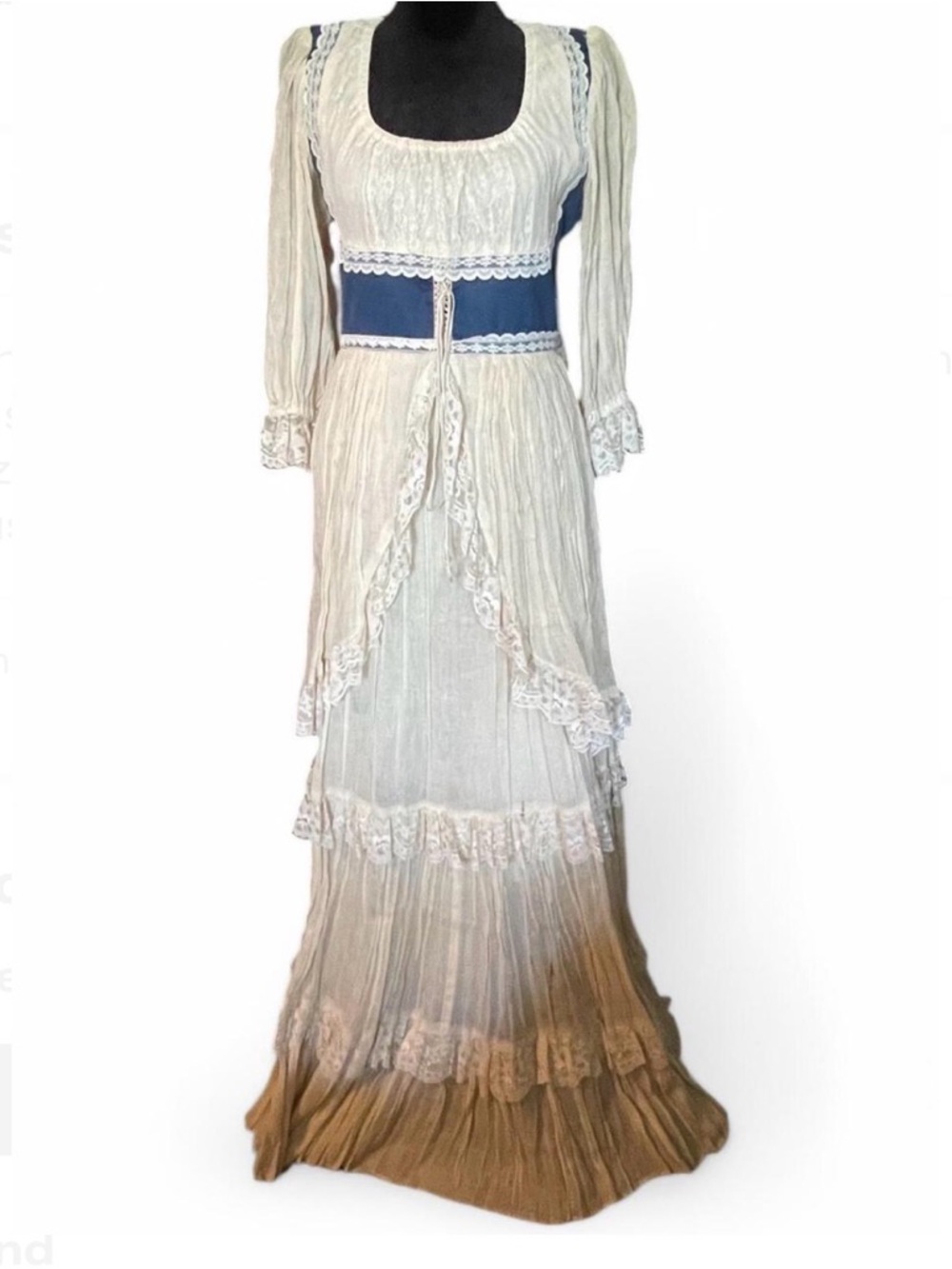 White gauzey Gunne Sax with blue dirndl belt